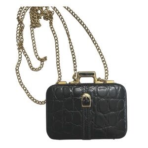 Vintage Leather Mini Box Bag Croc Embossed Gold Chain